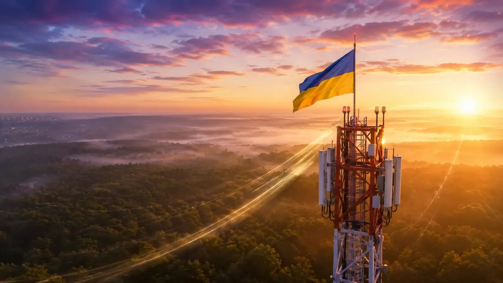 Телекомунікаційна вежа Київстар із 4G-покриттям та прапором України на світанку